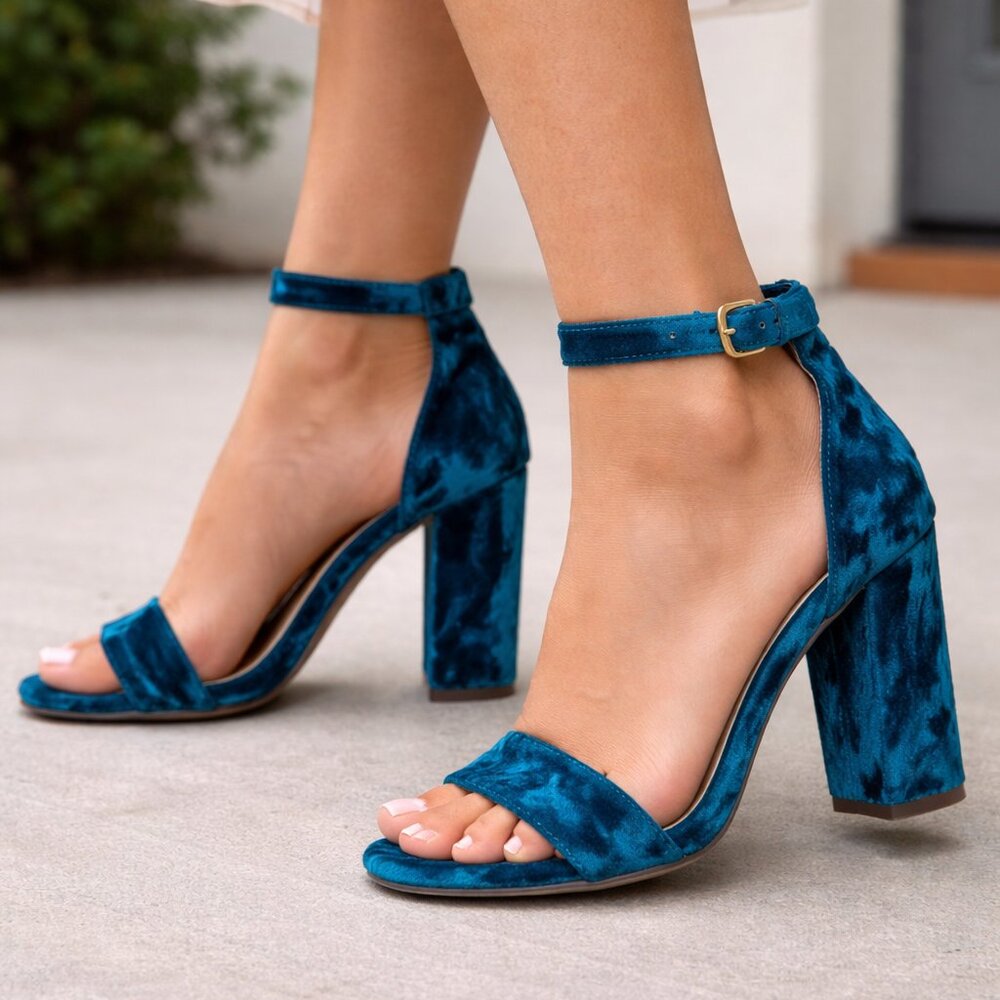 Shoedazzle teal crushed velvet heeled sandals, NEW, sz8.5, rich jewel tone,